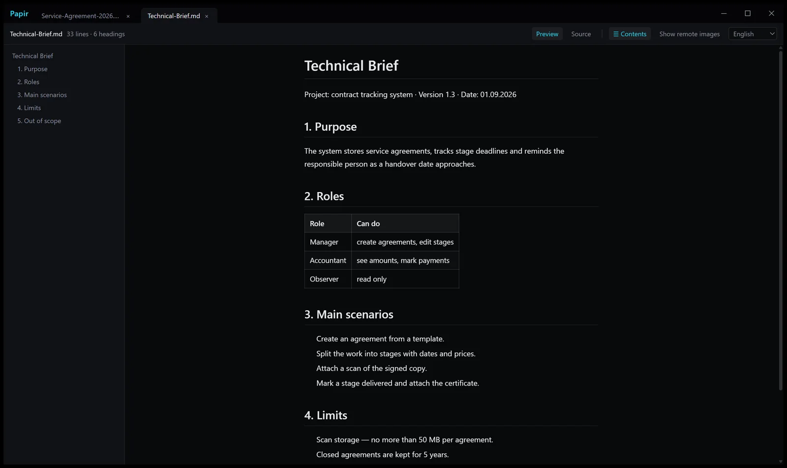 Markdown: table of contents on the left, the rendered document on the right