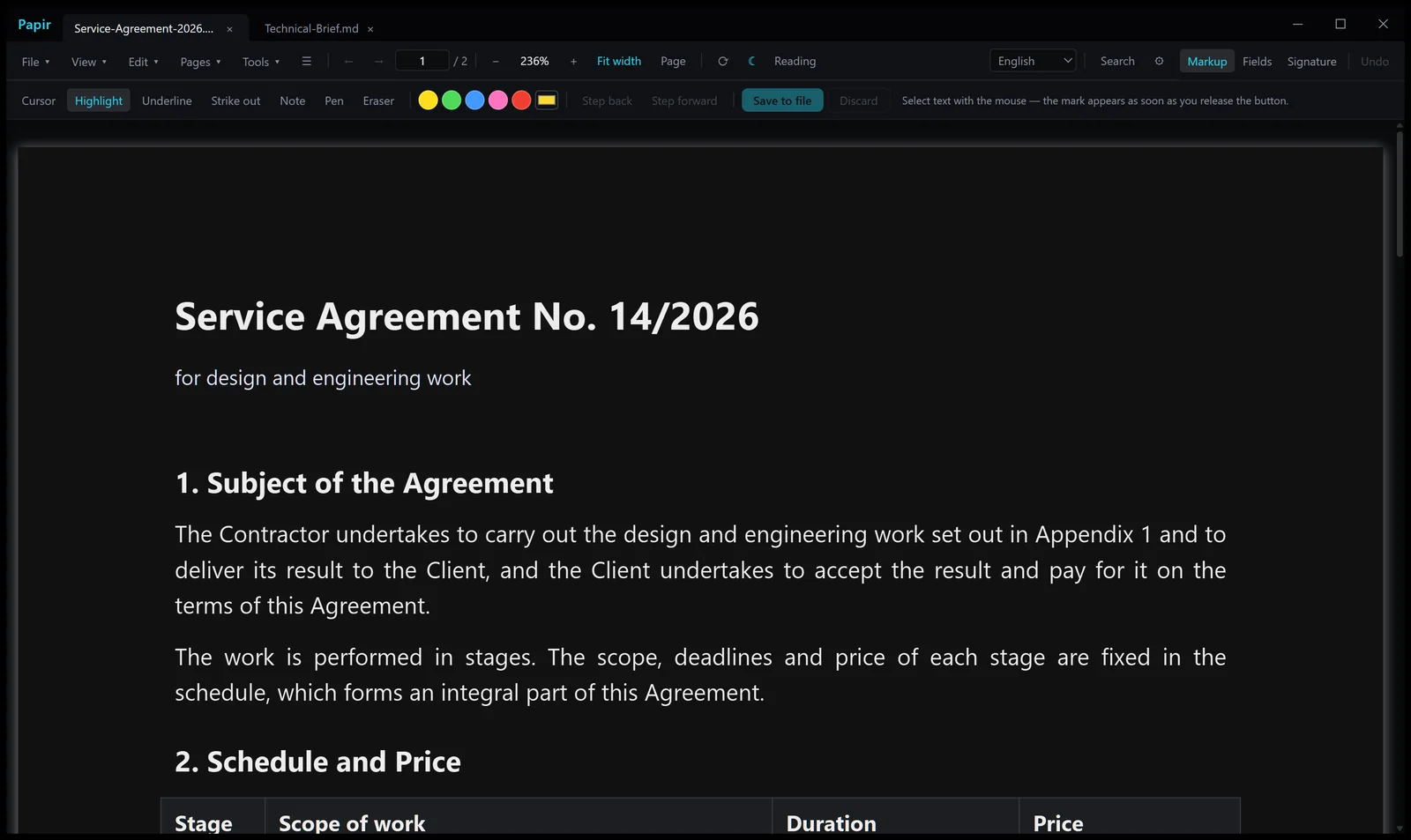 The markup bar: highlight, underline, strike out, note, pen and eraser