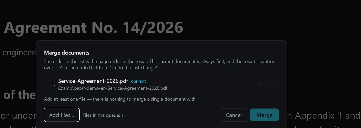 The merge dialog: the file list and the resulting page order