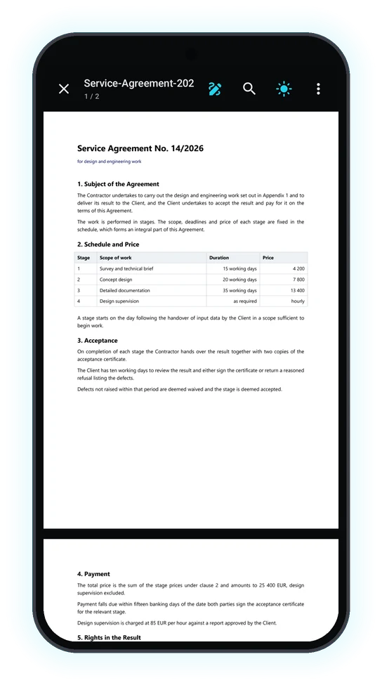 An agreement open in the Papir reader on a phone