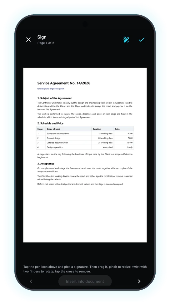 Signing screen: a page of the agreement and a hint on how to sign